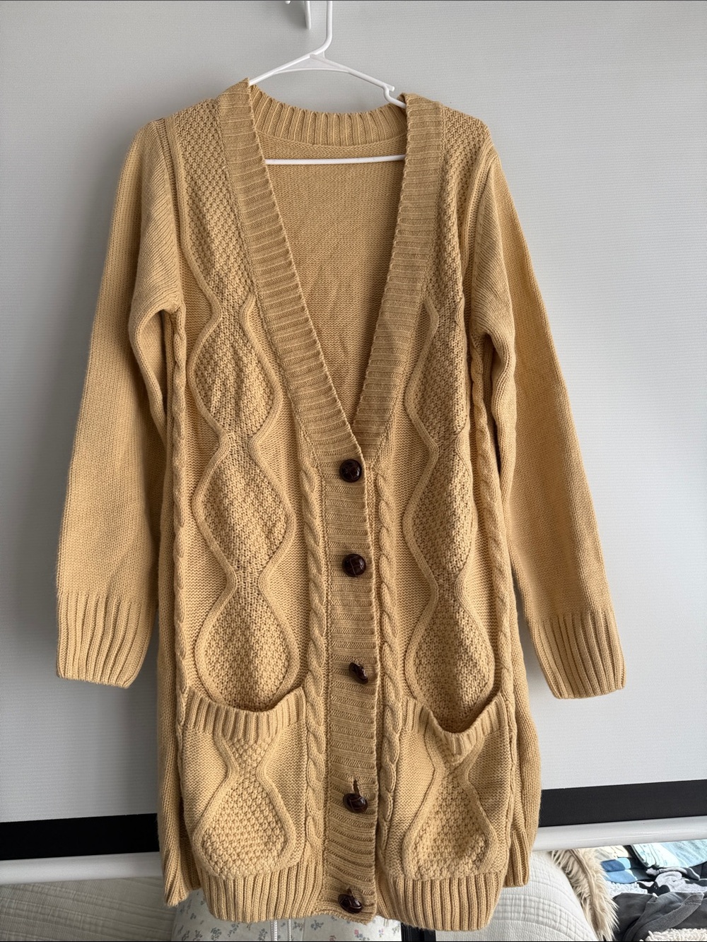 Long Cable-Knit Button Butter Yellow Cardigan